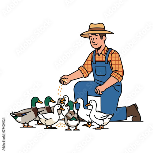 Farmer Feeding Ducks Vector Illustration on Farm