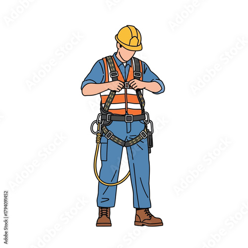 Safety Harness Illustration Construction Worker Buckling Up Gear