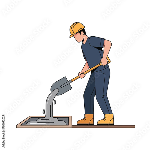 Construction Worker Pouring Concrete into a Square Hole Industrial Work Illustration