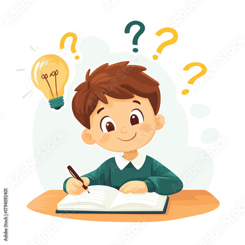 A little school boy in a green sweater sitting at the desk and writing in the notebook with idea bulb and question marks above the head   , vector style simple color
