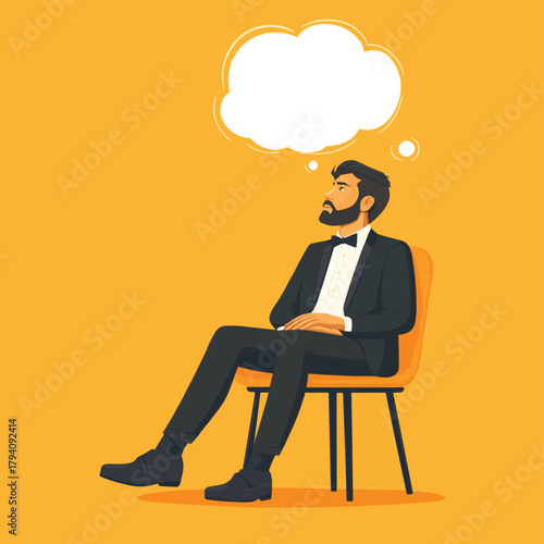 A pensive businessman sits in a chair, lost in thought, with a large empty thought bubble above his head.   , vector style simple color