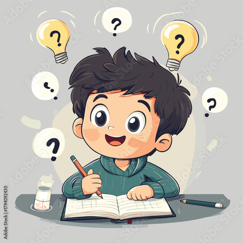 A little school boy in a green sweater sitting at the desk and writing in the notebook with idea bulb and question marks above the head   , vector style simple color