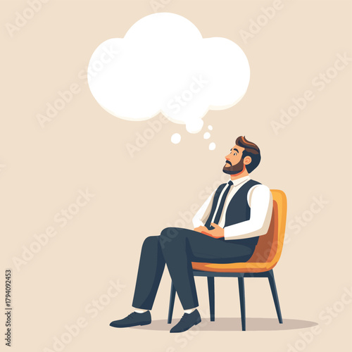 A pensive businessman sits in a chair, lost in thought, with a large empty thought bubble above his head.   , vector style simple color