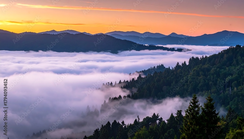 Obraz premium A scenic mountain landscape at dawn, with thick, low-lying fog filling the valleys, trees, and layers of hills