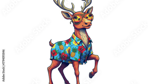Illustration of a Deer Wearing a Hawaiian Shirt and Sunglasses