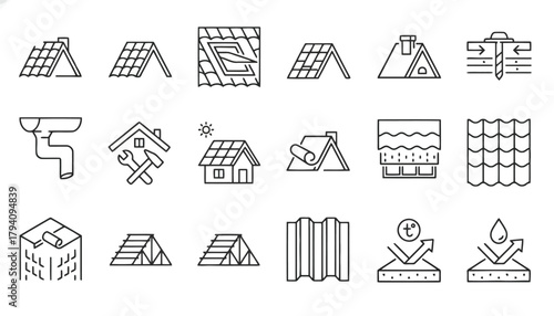 Roofing Construction, Repair, Renovation, and Insulation Line Icons Set