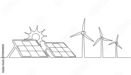 Sustainable Future: Solar Panels, Wind Turbines, Clean Energy Line Art
