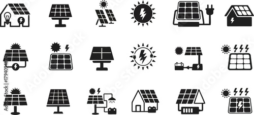 Solar Panel Energy Icons: Renewable Power and Green Technology