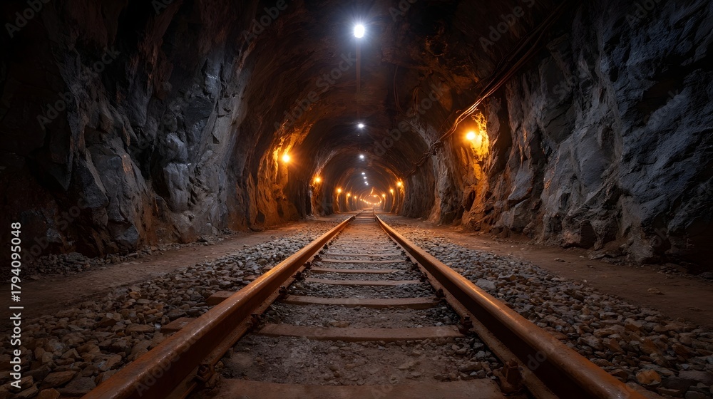 Naklejka premium Dimly lit railway tunnel with rough stone walls and tracks leading into the distance