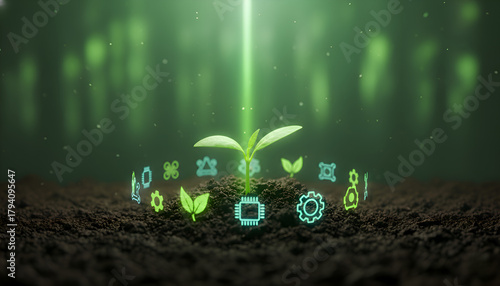 Sustainable Growth Concept with Glowing Sprout & Digital Icons in Rich Soil 2026. Environmental Innovation & Future Development.