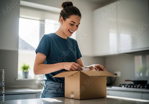 Happy Woman Unboxing Package in Kitchen, representing e-commerce, online shopping.