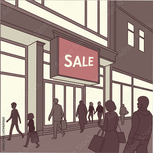 Sale Store Front Shopping Crowd Vector Illustration