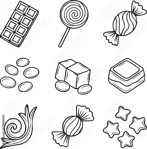 Magical Candy Kingdom Outline Icons Set  Chocolate, Lollipops, and Sugary Treats