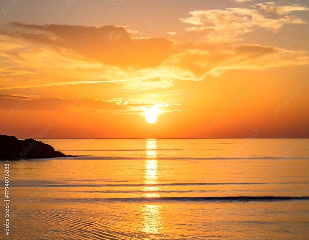 Fototapeta premium A scenic coastal view captured at sunset with the radiant sun setting over the calm ocean and golden clouds
