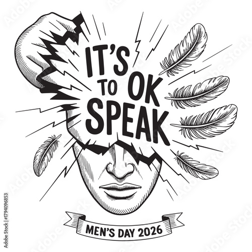 Mens Day 2026 illustration with a cracked head and feathers a symbol for mental health awareness encouraging men to speak up about their feelings
