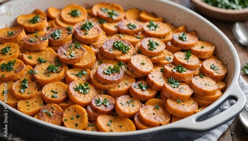 scalloped sweet potatoes in a dish