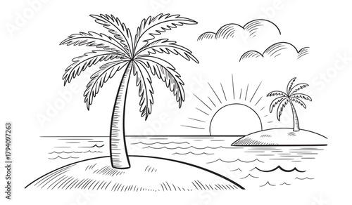 Hand-drawn tropical island illustration with palm trees ocean waves and a rising sun perfect for travel posters and summer vacation designs