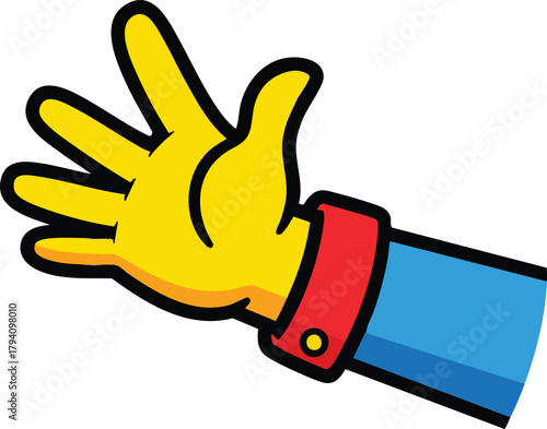 Yellow Cartoon Hand Gesture Open Palm Facing Forward With Blue Sleeve Red Cuff On White Background