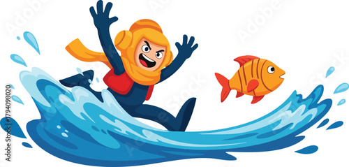 Scared Child in Yellow Scuba Gear Running Through Water Chased by Orange Fish
