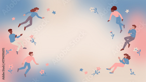 Well-being and Positive Energy Illustration いろいろな人々と花がふわふわと浮かぶ - 雰囲気を演出するウェルビーイングの手書き風ベクターテンプレート素材