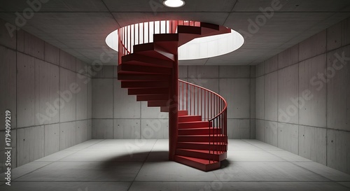 Empty square room with red metal stairs in helix