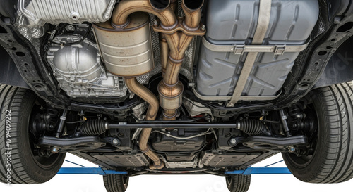 Undercarriage view of modern car with exhaust, transmission, suspension