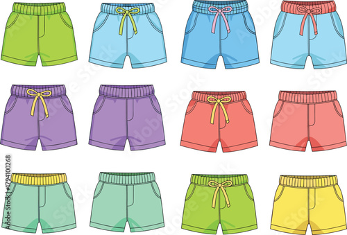 Casual shorts collection front view, colorful fashion flat vector, drawstring and pocket variations, stitching detail, summer clothing design set, no text