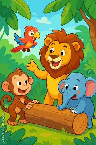 Jungle Animals Friends Coloring Page Lion Monkey Elephant Parrot Educational Wildlife Activity Sheet