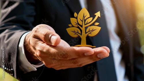 Golden tree growth icon held businessman hand and palm symbolizing sustainable business growth investment and financial confidence for corporate eco