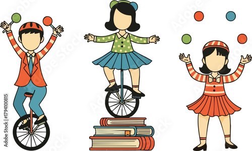 Three Performers Balancing with Unicycles and Juggling Balls in a Circus Scene