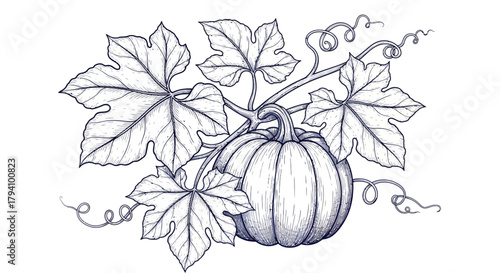Vintage Botanical Line Art Sketch of Pumpkin on Vine with Leaves