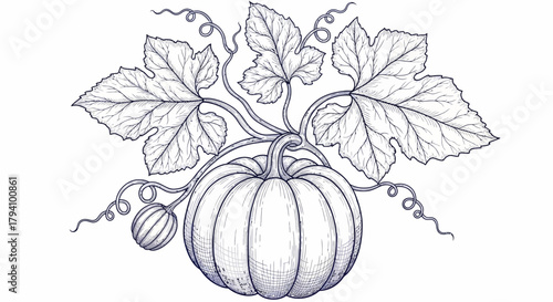 Vintage Botanical Line Art Sketch of Pumpkin on Vine with Leaves