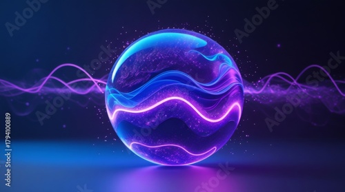 Radiant neon 3D sphere of glowing blue-purple waves and particles, with vibrant electric blue undertones and rich purple accents, symbolizing futuristic AI energy and tech innovation, set against a da