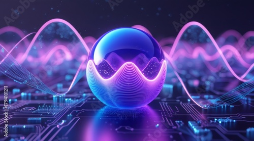 Vibrant blue-purple neon 3D orb with luminous gradient waves, showcasing AI, data science, and futuristic concepts, surrounded by a subtle grid of tiny, shimmering circuit boards and delicate, swirlin