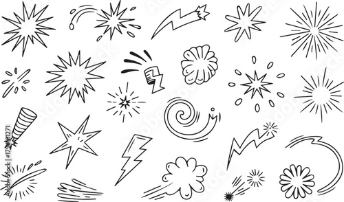 Line speed cartoon effect, boom explosive motion line element set. Comic boom burst, explosive smoke, Hand drawn sketch doodle action effect. Vector 