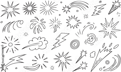Line speed cartoon effect, boom explosive motion line element set. Comic boom burst, explosive smoke, Hand drawn sketch doodle action effect. Vector 