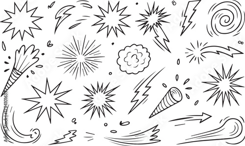 Line speed cartoon effect, boom explosive motion line element set. Comic boom burst, explosive smoke, Hand drawn sketch doodle action effect. Vector 