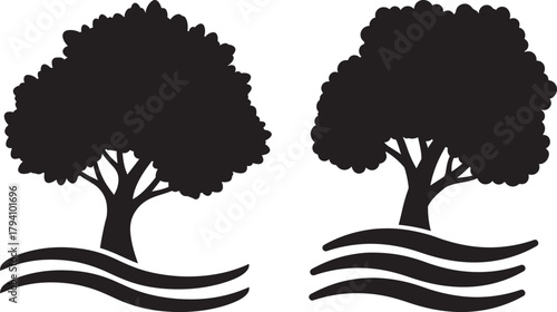 Two trees growing from wavy ground silhouette