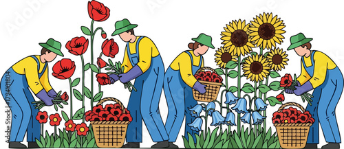 Gardeners in Blue Overalls Picking Red Poppies and Sunflowers in a Garden Scene