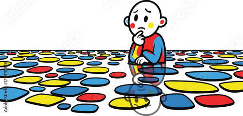 Confused Child Pondering On Colorful Stepping Stones With Red Blue Yellow Dots