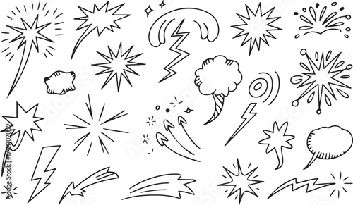 Line speed cartoon effect, boom explosive motion line element set. Comic boom burst, explosive smoke, Hand drawn sketch doodle action effect. Vector 
