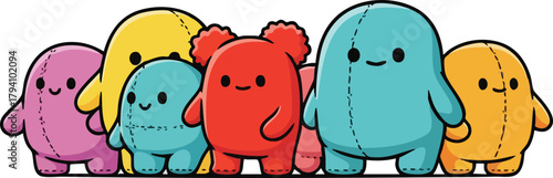 A Group Of Colorful Stuffed Toys With Simple Faces Standing Together