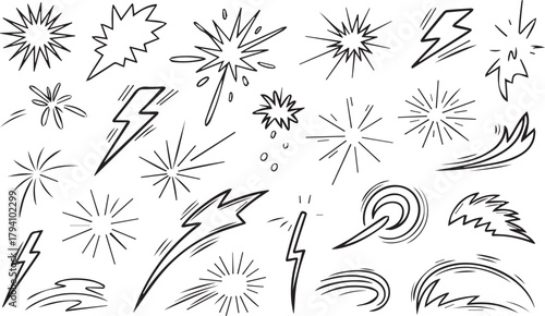 Line speed cartoon effect, boom explosive motion line element set. Comic boom burst, explosive smoke, Hand drawn sketch doodle action effect. Vector 