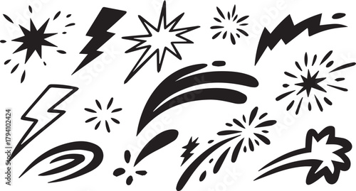 Line speed cartoon effect, boom explosive motion line element set. Comic boom burst, explosive smoke, Hand drawn sketch doodle action effect. Vector 