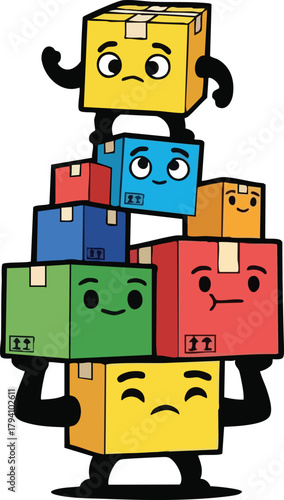 Stack of colorful cartoon boxes with faces representing emotions and logistics on a white background