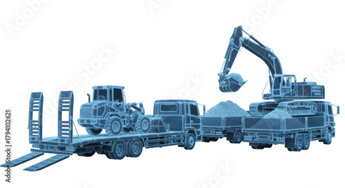 blue construction vehicles loading, unloading, transporting clip art preview