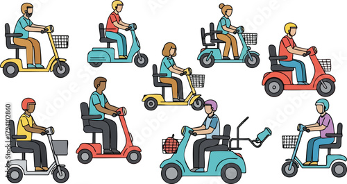 Diverse People Riding Mobility Scooters Outdoors Various Colors and Poses Simple Flat Design