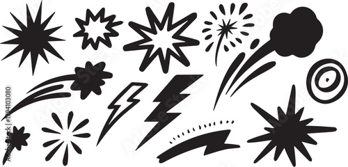Line speed cartoon effect, boom explosive motion line element set. Comic boom burst, explosive smoke, Hand drawn sketch doodle action effect. Vector 