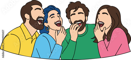 Diverse group of four people laughing heartily together in colorful clothing isolated on white background