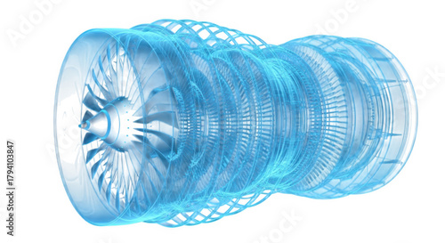 Blue transparent jet engine digital render technical design view